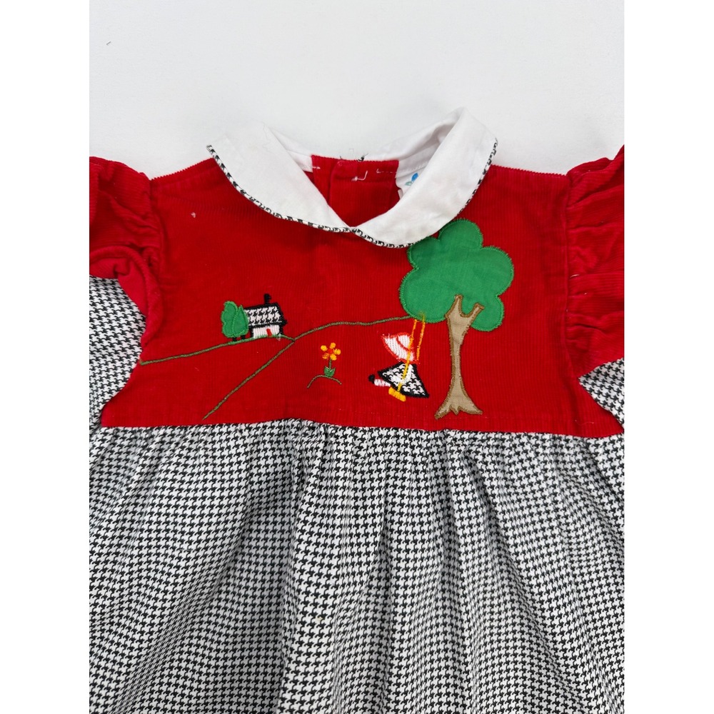 Vintage Cradle Tugs Girls 24M Red Corduroy Houndstooth Embroidered Scene Dress